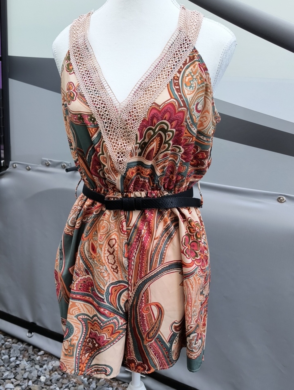 Vintage Sleeveless Paisley V-Neck Mini Romper, Blush and Green, No Tags, M